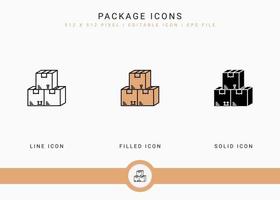 Package icons set vector illustration with solid icon line style. Logistic delivery concept. Editable stroke icon on isolated background for web design, user interface, and mobile app