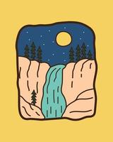 waterfall and pine tree designs, vector illustrations, badges, pins, t-shirt art