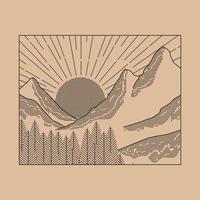 Mono line dash paisaje montañas y bosques al amanecer, vector para parche, pin, gráfico, diseño de camisetas de arte