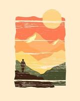 illustration of mountains and mountain climber silhouettes  in grunge style vector