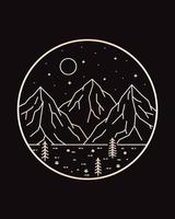 landscape illustration of three mountains and some pine trees with may stars in mono line art, Abstract vector illustration, T-Shirt Art, Design Vector-1