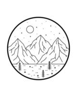 landscape illustration of three mountains and some pine trees with may stars in mono line art, Abstract vector illustration, T-Shirt Art, Design Vector-1