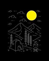 camping y vistas a la montaña en vector de arte de línea mono, diseño de tee, diseño de camiseta