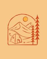 camping y vistas a la montaña en vector de arte de línea mono, ilustración de placa, diseño de tee, diseño de camiseta