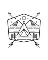 tiendas de campaña, árboles, mar y montaña con flechas cruzadas insignia de línea parche pin ilustración gráfica arte vectorial diseño de camiseta