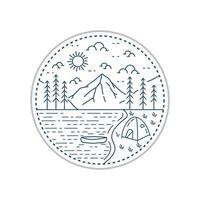 camping in the beautiful lake nature adventure in mono line art, badge patch pin graphic illustration vector art t-shirt design