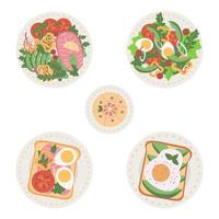 Delicious and fresh dishes set, salads and sandwiches, healthy eating concept vector Illustrations on a white background