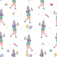 Birthday Party seamless pattern collection, people, gift boxes and confetti, balloons and flags, cake and caps vector