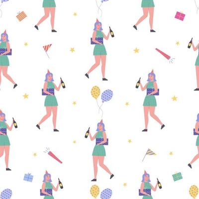 Birthday Party seamless pattern collection, people, gift boxes and confetti, balloons and flags, cake and caps