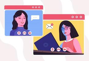 Video conference and chatting. Work from home. Workplace, laptop screen, women talking by internet. Stream, web chatting, online meeting friends. Cartoon flat  illustration