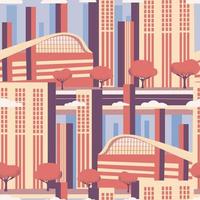 Seamless pattern with Skyscrapers city with buildings architecture. Urban panorama. Cityscape of megapolis street. Modern town near a river. Flat cartoon city background vector