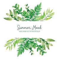 Horizontal stripe banner with watercolor ferns and green leaves, hand drawn vector illustration