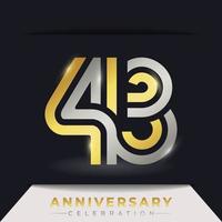 Celebración del aniversario de 43 años con varias líneas vinculadas de color dorado y plateado para eventos de celebración, bodas, tarjetas de felicitación e invitaciones aisladas en un fondo oscuro vector