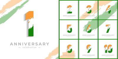 Set of Year Anniversary Celebration with Brush White Slash in Yellow Saffron and Green Indian Flag Color. Happy Anniversary Greeting Celebrates Event Isolated on White Background vector