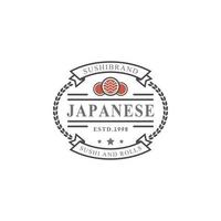 insignia retro vintage logotipos de restaurante de sushi comida japonesa con siluetas de rollos de salmón sushi vector