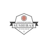 insignia retro vintage logotipos de restaurante de sushi comida japonesa con siluetas de rollos de salmón sushi vector