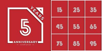 Set of Year Anniversary Celebration Logotype Style Design with Linked Number in Square Isolated on Red Background. Happy Anniversary Greeting Celebrates Event Design Illustration vector