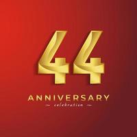 44 Year Anniversary Celebration with Golden Shiny Color for Celebration Event, Wedding, Greeting card, and Invitation Card Isolated on Red Background