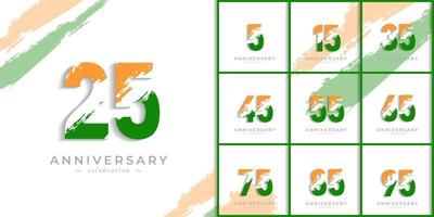 Set of Year Anniversary Celebration with Brush White Slash in Yellow Saffron and Green Indian Flag Color. Happy Anniversary Greeting Celebrates Event Isolated on White Background vector