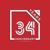 Diseño de estilo de logotipo de celebración de aniversario de 34 años con número vinculado en cuadrado aislado sobre fondo rojo. feliz aniversario saludo celebra evento diseño ilustración vector