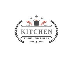 insignia retro vintage logotipos de restaurante de sushi comida japonesa con siluetas de rollos de salmón sushi vector