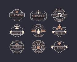 Set of Vintage Retro Badge Fitness Center and Sport Gym Logos typographic with Sport Equipment Signs and Silhouettes vector