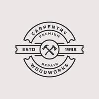 herramientas de trabajo de insignia retro vintage, carpintería, etiquetas de taller, elementos de diseño de logotipos vector