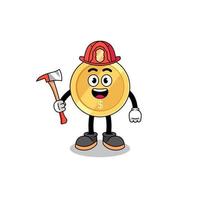 Cartoon mascot of dollar coin firefighter vector