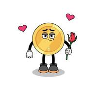 dollar coin mascot falling in love vector
