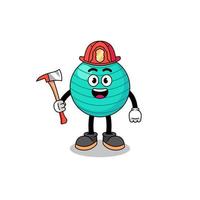 Cartoon mascot of exercise ball firefighter vector