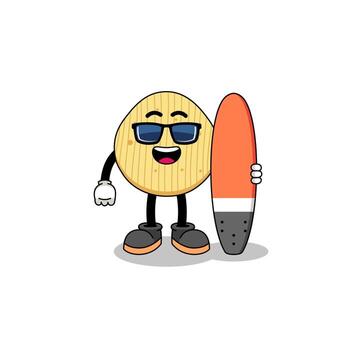 caricatura de mascota de papas fritas como surfista vector