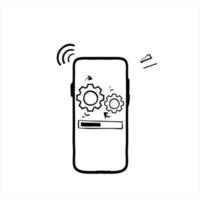 símbolo de ilustración de icono de engranajes y teléfono móvil de fideos dibujados a mano para configurar la aplicación vector