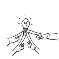 hand drawn doodle hand holding bulb together symbol for team brainstorm icon illustration vector