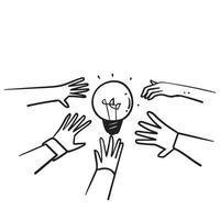 hand drawn doodle hand holding bulb together symbol for team brainstorm icon illustration vector