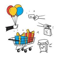 vector de ilustración de icono relacionado de promoción de venta de compras de doodle dibujado a mano