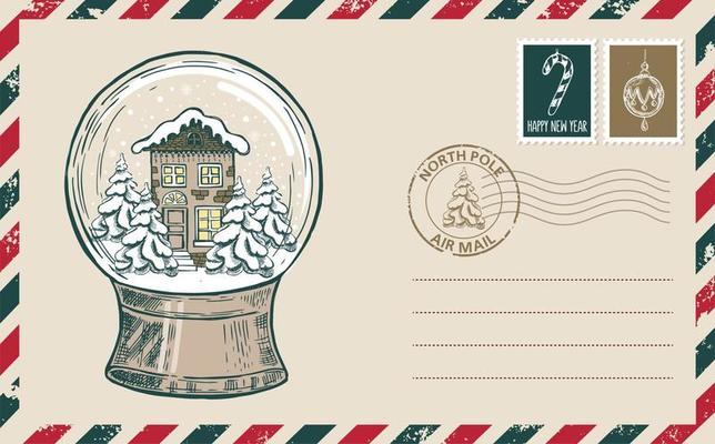 Christmas mail, postcard, hand drawn illustration.
