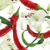 Red chili pepper and lily white flower watercolor light seamless pattern vector