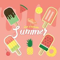 Colorful summer tropical fruit and popsicle ice cream vector icons