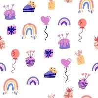 pastel de cumpleaños y globos de patrones sin fisuras. elementos de fiesta, globo, pastel, vela, sombrero. bueno para la decoración de fiestas infantiles. genial para tela, textil. ilustración de dibujos animados de vectores