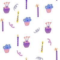 pastel de cumpleaños y velas de patrones sin fisuras. bueno para la decoración de fiestas infantiles. genial para tela, textil. ilustración de dibujos animados de vectores