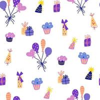 pastel de cumpleaños y globos de patrones sin fisuras. elementos de fiesta, globo, pastel, vela, sombrero. bueno para la decoración de fiestas infantiles. genial para tela, textil. ilustración de dibujos animados de vectores