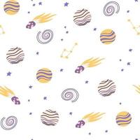 Space seamless pattern. Cosmic. Background with cartoon planets and stars. Perfect for children's designs, wallpaper, textile and print. Vector Hand draw illustration
