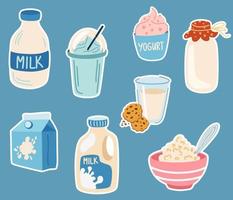 Milk stickers. Dairy products, cream, yogurt, cottage cheese and milk. Perfect for printing, restaurant, postcards and menus. Cartoon vector illustration isolated.