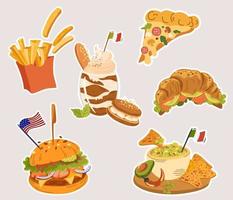 Food stickers. Pizza, burger, guacamole, French fries, tiramisu and croissant. Perfect for printing, restaurant, postcards and menus. Cartoon vector illustration isolated.