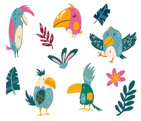 Parrots and tropical leaves set. Exotic birds. Great for children cards, prints and greeting card. Isolated vector clip art illustration.