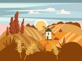 Landscape with a mill. Countryside mill, ears of wheat and agriculture fields. Colorful horizontal banner. Vector background for labels, packages or web.