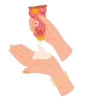 Sunscreen. Hands with cream, tubes and bottles of sunscreen products with SPF. Summer cosmetic. Sunblock, skin protection, skin care products. Vector Hand draw illustration