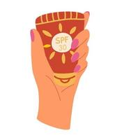 Hands with sunscreen cream. tubes and bottles of sunscreen products with SPF. Summer cosmetic. Sunblock, skin protection, skin care products. Vector Hand draw illustration