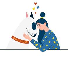 Girl hugs a dog. Woman and a bull terrier. Hugging domestic animal friends, pet owner characters loving and holding. Love and friendship between people and pet. Canine animal. Vector illustration