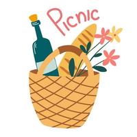 Wicker Picnic Basket. Food in wicker crate. Wine, juice bottle, cheese, fruits, bread sticks and baguette. Lunch, dining in park. Hand drawn vector illustration